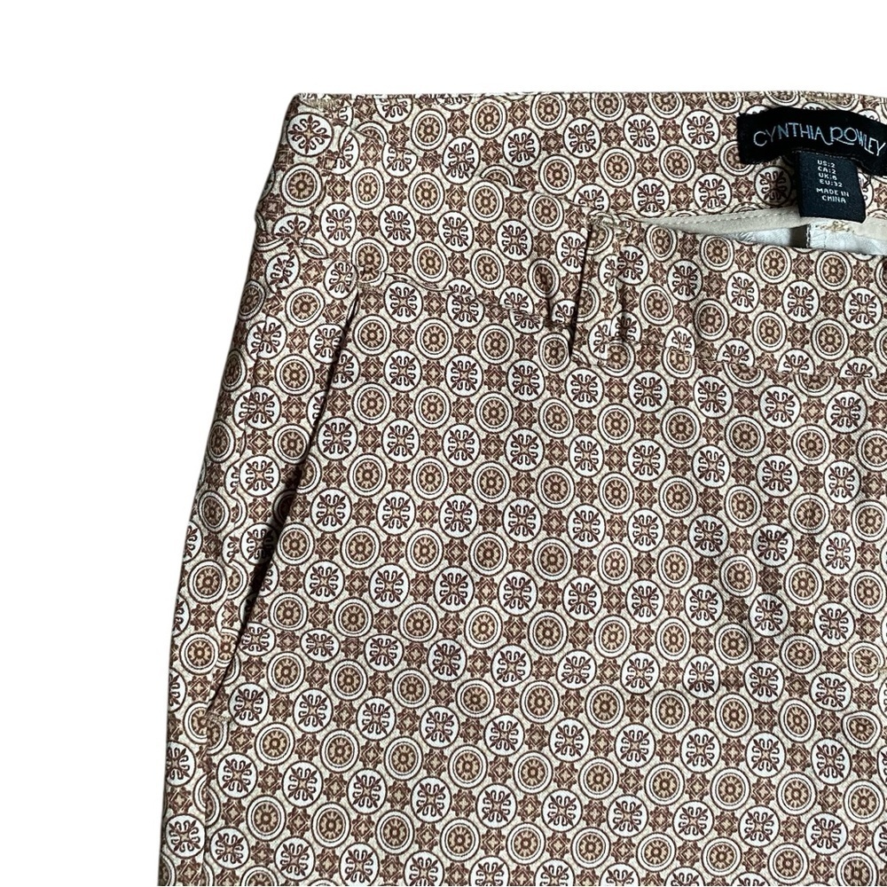 Cynthia Rowley Geometric Print Pants Brown Cream Stretch Ankle Trousers Sz 2 - Picture 2 of 10